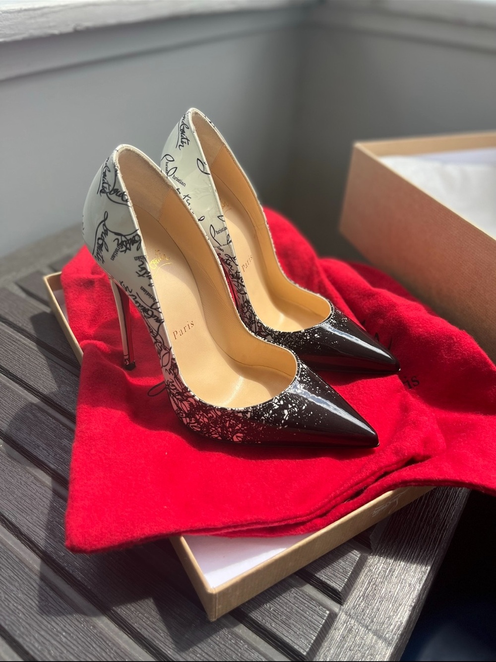 Christian Louboutin So Kate 120mm Black & White Script Pointed Patent Stilettos